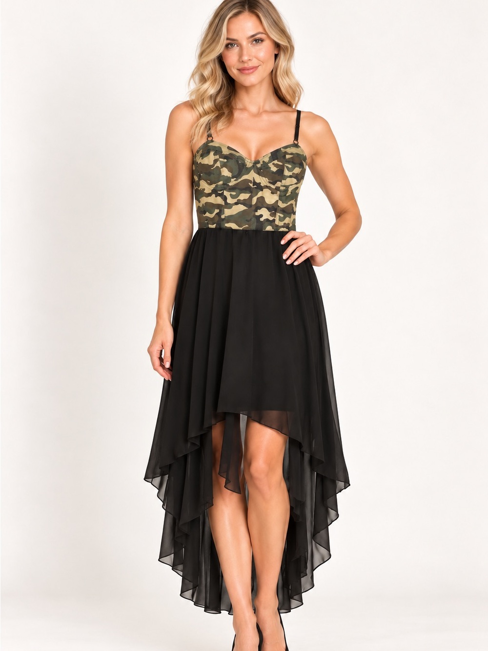 LF Millau High/Low Camouflage Black Sheer Dress